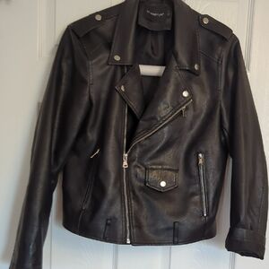 Dark Faux Leather Biker Jacket - Black